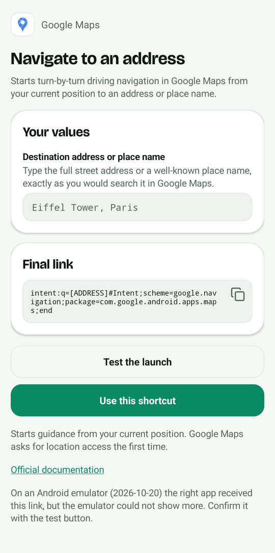 A shortcut with a field for each value and the final link built live